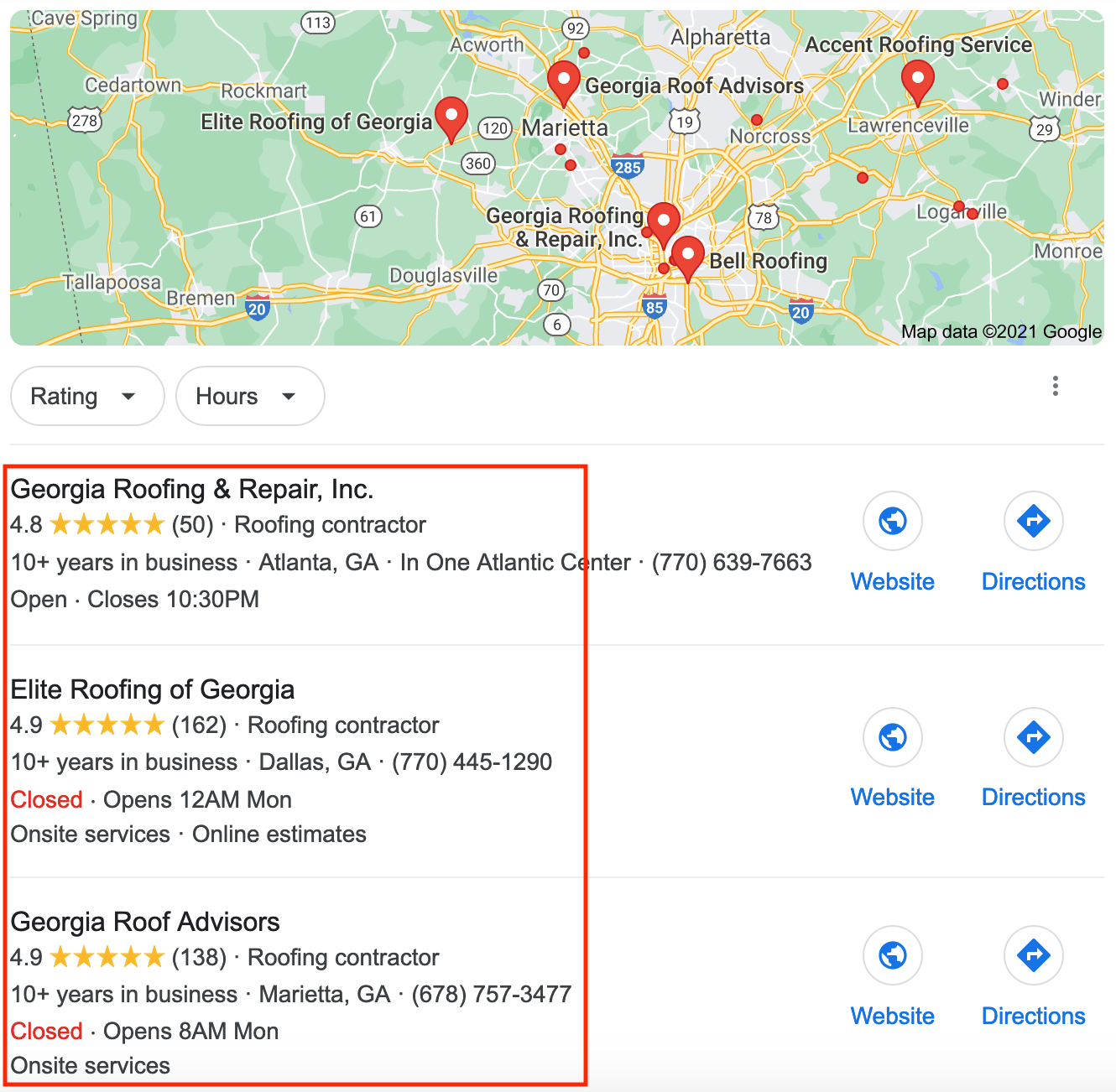 A screenshot of a Google map ranking of roofing businesses in Georgia.